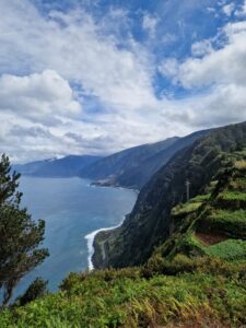 Atemberaubende Küstenlandschaft mit steilen Klippen, üppigem Grün und dem glitzernden Wasser des Ozeans unter einem bewölkten Himmel. Ideal für Naturfotografie und Wanderungen auf Madeira.