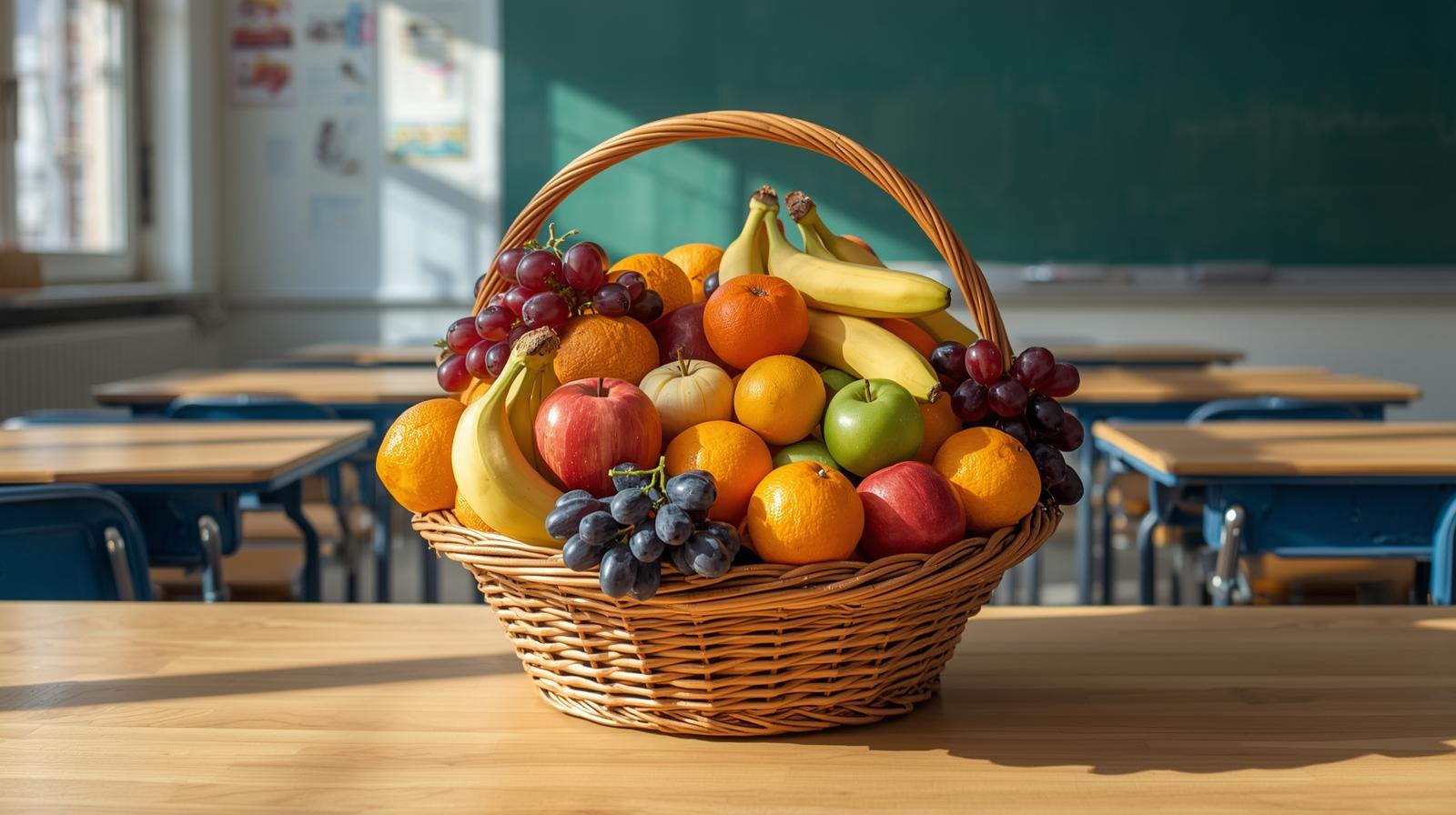 Korb mit frischem Obst, darunter Äpfel, Bananen, Trauben, Orangen und Mandarinen, auf einem Tisch in einem Klassenzimmer mit leeren Schulbänken im Hintergrund.