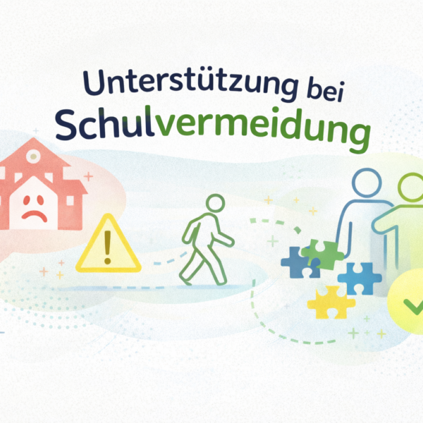 Illustration zur Unterstützung bei Schulvermeidung, zeigt Symbole wie ein trauriges Schulgebäude, Warnzeichen und Personen, die zusammenarbeiten, um Lösungen zu finden.