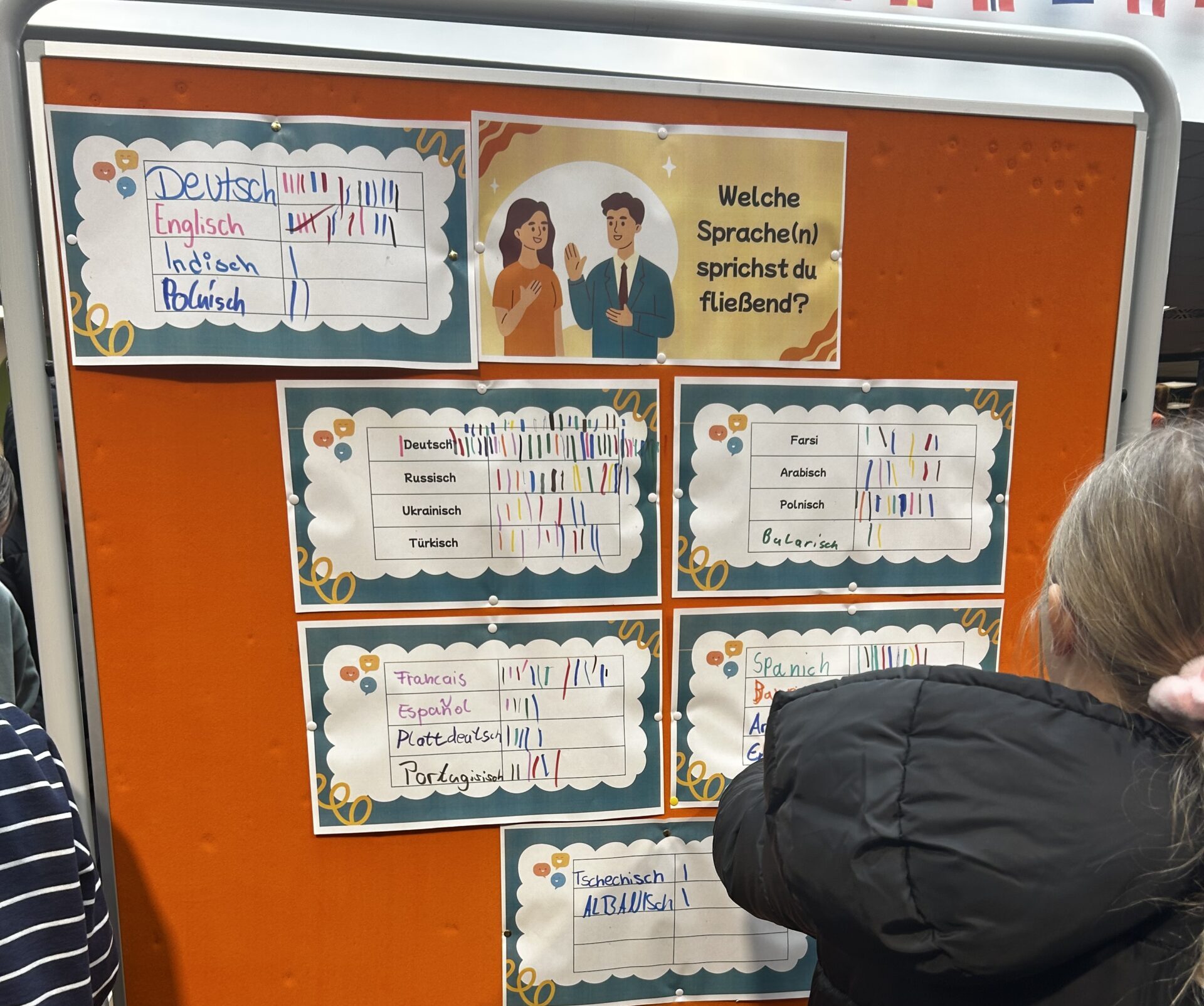 Ein Schüler betrachtet ein Plakat mit der Frage „Welche Sprache(n) sprichst du fließend?“. Auf dem Plakat sind verschiedene Sprachen aufgelistet, darunter Deutsch, Englisch, Polnisch und viele andere. Es gibt Striche, die die Anzahl der Sprecher anzeigen. Die Szene findet in einer schulischen Umgebung statt.