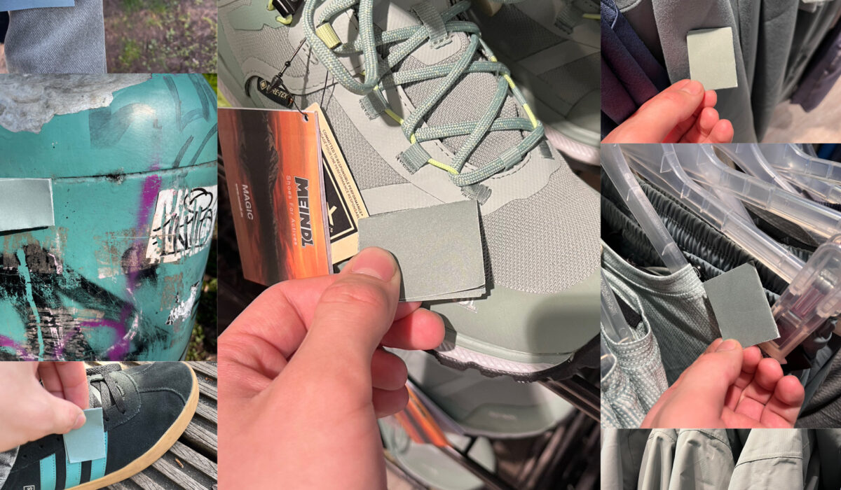 Collage von Bildern, die eine handgehaltene, graue Farbmusterkarte in verschiedenen Umgebungen zeigen, darunter Kleidung, Schuhe und städtische Oberflächen. Die Farbmusterkarte wird an verschiedenen Orten wie Wänden, Rohren und Pflanzen platziert, um die Verwendung von Farben in der Mode und im urbanen Raum zu veranschaulichen.