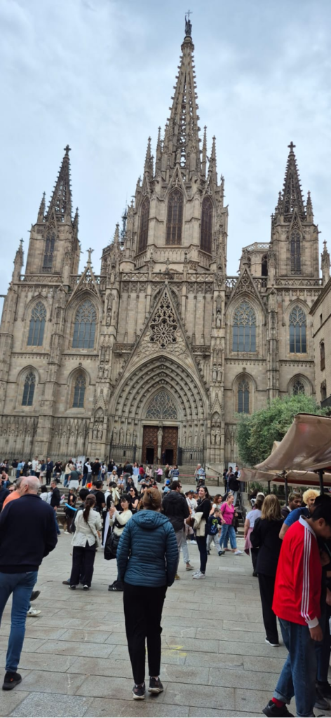 Besucher stehen vor der beeindruckenden Fassade der Kathedrale von St. Vitus in Prag, umgeben von Menschenmengen und historischen Gebäuden. Die gotische Architektur mit ihren hohen Türmen und kunstvollen Fenstern zieht zahlreiche Touristen an.