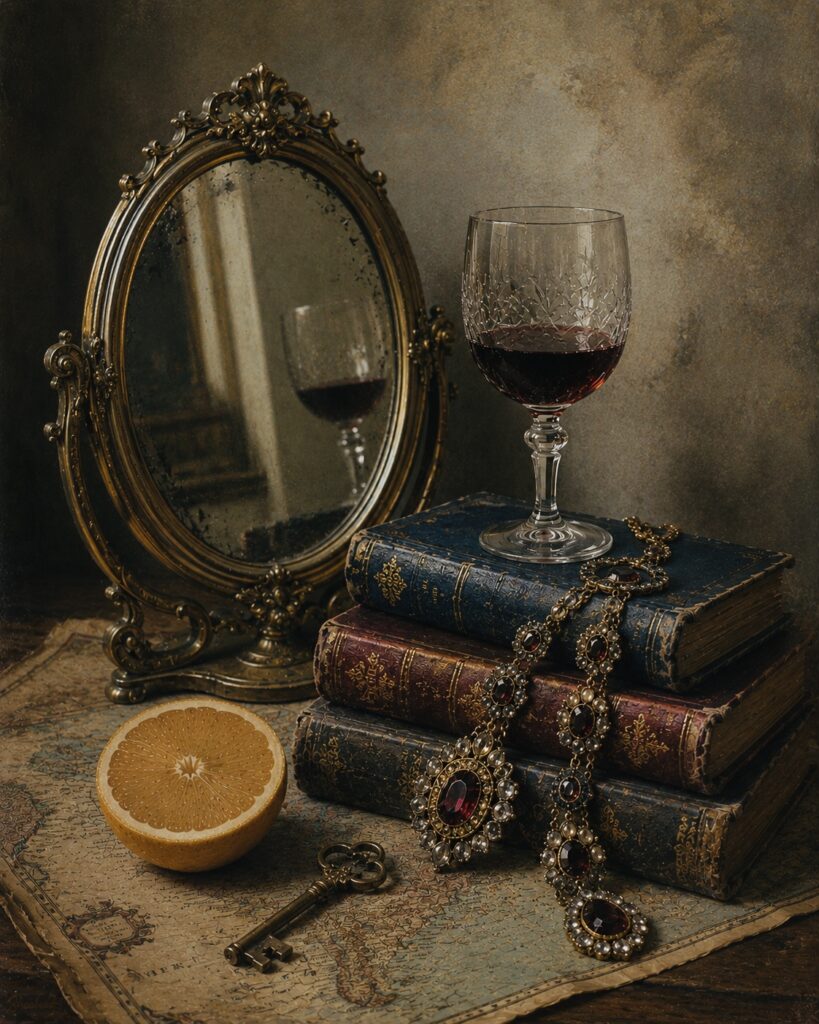 Stillleben mit einem antiken Spiegel, einem Glas Rotwein, alten Bücherstapeln, einer halben Orange, einem Schlüssel und einer eleganten Halskette auf einer historischen Karte.