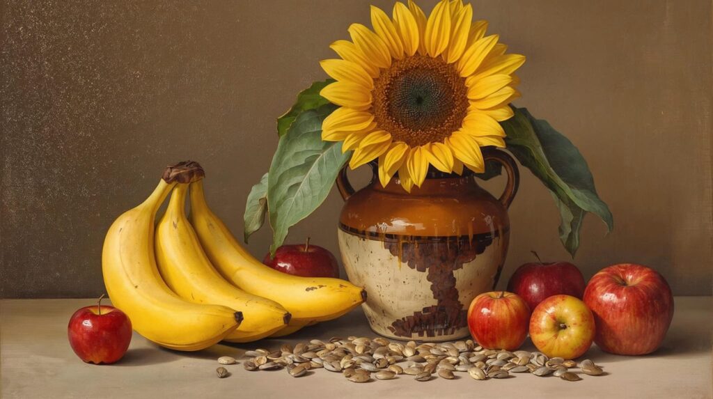 Stillleben mit einer Sonnenblume in einer braunen Vase, umgeben von Bananen, roten Äpfeln und Kürbiskernen auf einem neutralen Hintergrund. Ideal für Obst- und Blumenliebhaber sowie für die Darstellung von Natur und Frische.