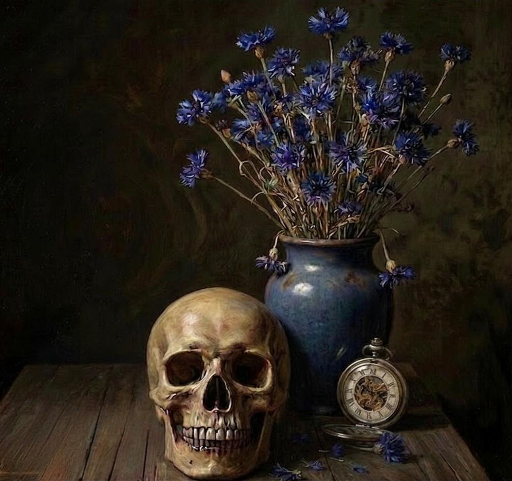 Stillleben mit einem menschlichen Schädel, einer blauen Vase mit blühenden, blauen Blumen und einer alten Taschenuhr auf einem Holztablett. Die Komposition spielt mit Kontrasten zwischen den organischen und anorganischen Elementen und schafft eine mysteriöse Atmosphäre.