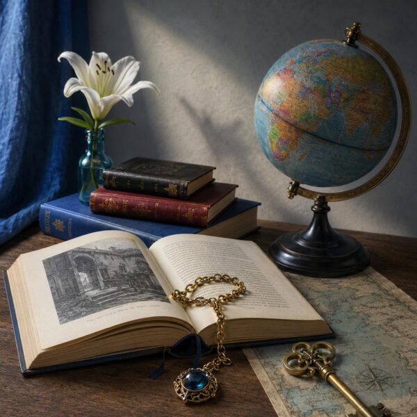 Eine offene Buchseite mit einer Illustration, umgeben von antiken Büchern, einer Weltkugel, einer blühenden Lilie in einer Vase, einer goldenen Kette mit einem blauen Anhänger und einem Schlüssel auf einer alten Karte.