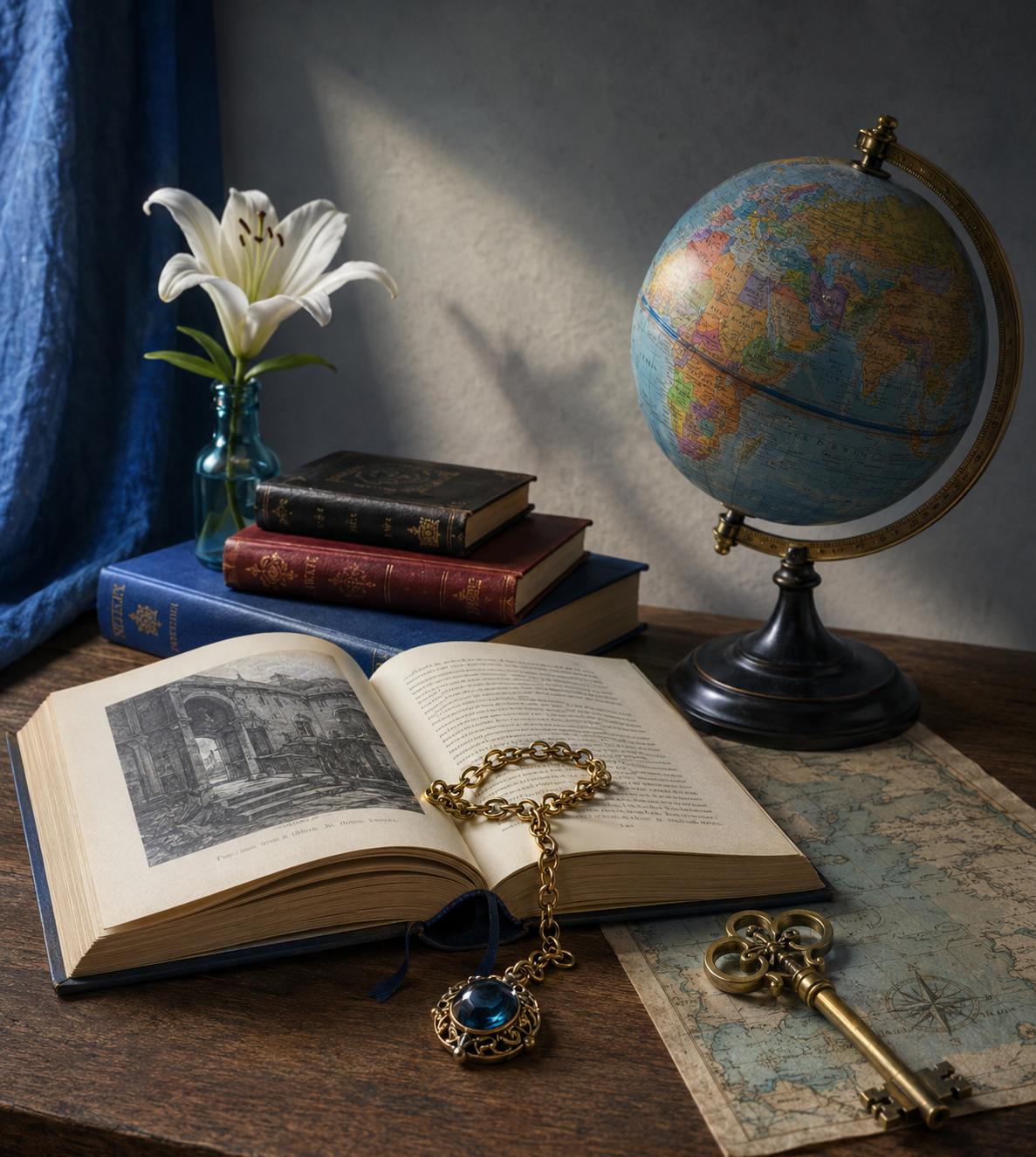 Eine offene Buchseite mit einer Illustration, umgeben von antiken Büchern, einer Weltkugel, einer blühenden Lilie in einer Vase, einer goldenen Kette mit einem blauen Anhänger und einem Schlüssel auf einer alten Karte.