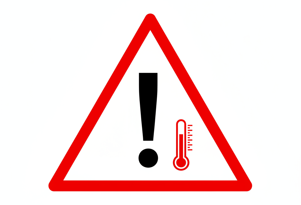Warnschild mit Ausrufezeichen und Thermometer, das auf hohe Temperaturen hinweist.