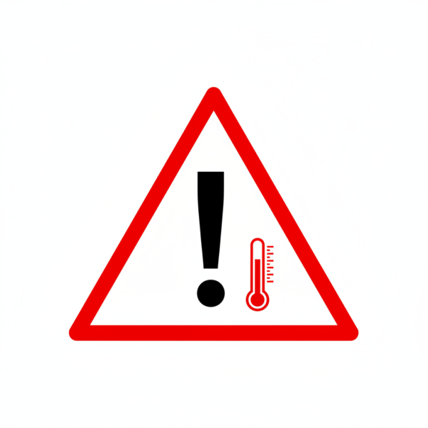 Warnschild mit Ausrufezeichen und Thermometer, das auf hohe Temperaturen hinweist.